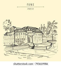 Pune (Puna, Poona), Maharashtra, India. Fuerte Shaniwar Wada, lugar histórico, construido en 1732. Dibujo de viajes arte. Postal manuscrita vintage en vector