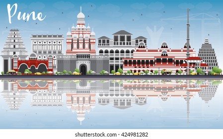 Pune Skyline con Edificios de colores, cielo azul y reflexiones. Ilustración vectorial. Concepto de viajes de negocios y turismo con edificios históricos. Imagen de Presentación Placard Banner y Sitio Web.