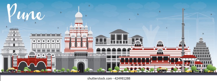 Pune Skyline With Color Buildings And Blue Sky. Vector Illustration. Business Travel And Tourism Concept With Historic Buildings. Image For Presentation Banner Placard And Web Site.