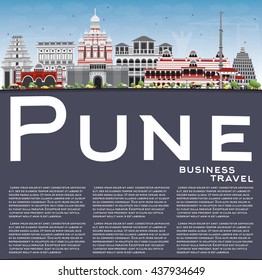 Pune Skyline con edificios de color, cielo azul y espacio de copia. Ilustración vectorial. Concepto de viajes de negocios y turismo con edificios históricos. 