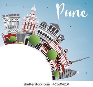 Pune Skyline with Color Buildings, Blue Sky and Copy Space. Vector Illustration. Business Travel and Tourism Concept with Historic Buildings.