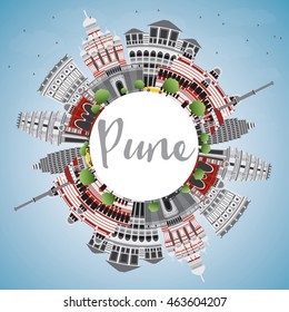 Pune Skyline With Color Buildings, Blue Sky And Copy Space. Vector Illustration. Business Travel And Tourism Concept With Historic Buildings.