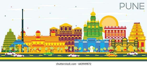 Pune Skyline with Color Buildings and Blue Sky. Vector Illustration. Business Travel and Tourism Concept with Historic Buildings. Image for Presentation Banner Placard and Web Site.