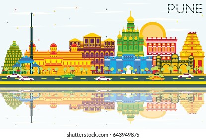 Pune Skyline con Edificios de colores, cielo azul y reflexiones. Ilustración vectorial. Concepto de viajes de negocios y turismo con edificios históricos. Imagen de Presentación Placard Banner y Sitio Web.