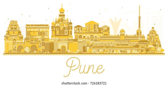 Silueta dorada en el horizonte de Pune. Ilustración vectorial. Paisaje urbano con puntos de referencia famosos.