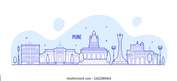 Skyline Pune, Maharashtra, India. Esta ilustración representa la ciudad con sus edificios más notables. El vector es totalmente editable, cada objeto es holístico y móvil