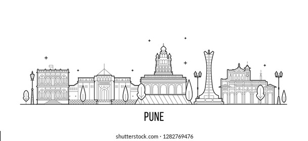 Skyline Pune, Maharashtra, India. Esta ilustración representa la ciudad con sus edificios más notables. El vector es totalmente editable, cada objeto es holístico y móvil