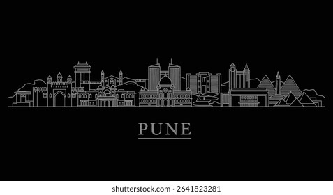 Pune Skyline Silhouette with India, and Line Art.