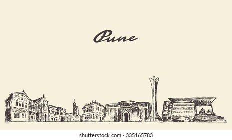 Pune skyline, vector vintage engraved illustration, hand drawn