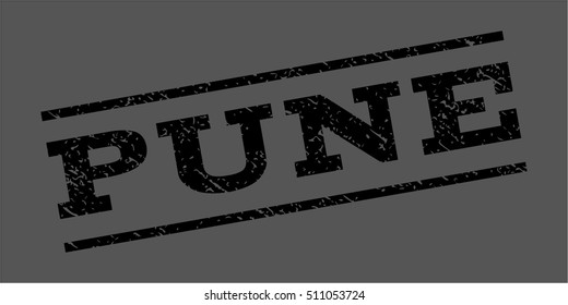 Pune watermark stamp. Text caption between parallel lines with grunge design style. Rubber seal stamp with scratched texture. Vector black color ink imprint on a gray background.