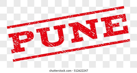 Pune watermark stamp. Text caption between parallel lines with grunge design style. Rubber seal stamp with dust texture. Vector red color ink imprint on a chess transparent background.