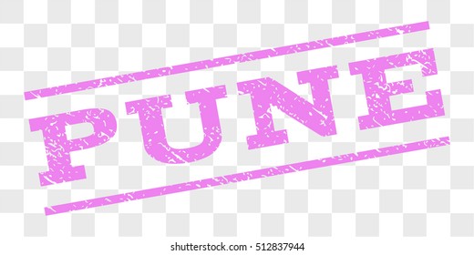 Pune watermark stamp. Text tag between parallel lines with grunge design style. Rubber seal stamp with unclean texture. Vector violet color ink imprint on a chess transparent background.