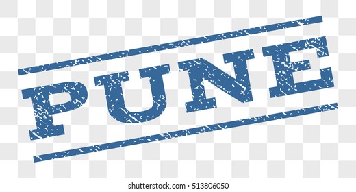 Pune watermark stamp. Text tag between parallel lines with grunge design style. Rubber seal stamp with dust texture. Vector cobalt blue color ink imprint on a chess transparent background.