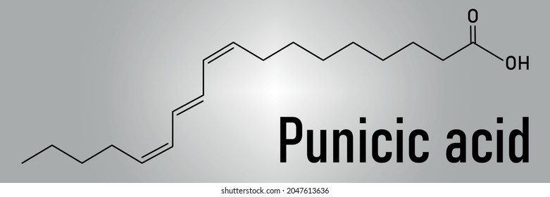 Punicic acid (trichosanic acid) molecule. Fatty acid present in pomegranate (Punica granatum). Skeletal formula.