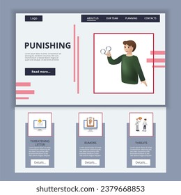 Punishing flat landing page website template. Threatening letter, rumors, threats. Web banner with header, content and footer. Vector illustration.