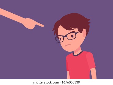 Punishment For Boy, Adult Finger Pointing To Guilt, Punish. Strict Discipline Strategies To Control Child Behavior, Physically Or Emotionally Damaging Method. Vector Flat Style Cartoon Illustration