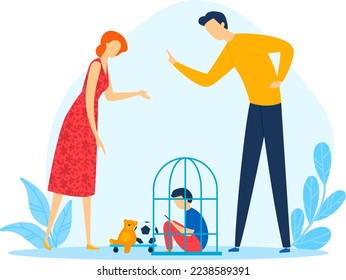 Punishment child concept, parent angry, child discipline, angry family, sad person, design, cartoon style vector illustration.