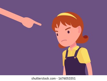 Punishment for girl, adult finger pointing to guilt, punish. Strict discipline strategies to control child behavior, physically or emotionally damaging method. Vector flat style cartoon illustration