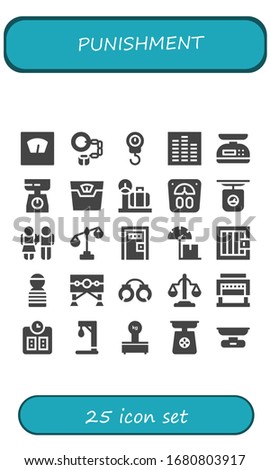 punishment icon set. 25 filled punishment icons. Included Scale, Handcuffs, Equalizer, Equality, Death penalty, Jail, Prisioner, Guillotine, Gallow, Scales icons