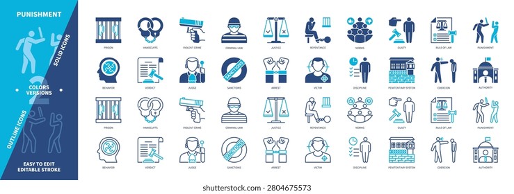 Punishment icon set. Coercion, Retribution, Guilty, Prison, Norms, Penalty, Victim, Judge. Duotone color solid and editable outline icons