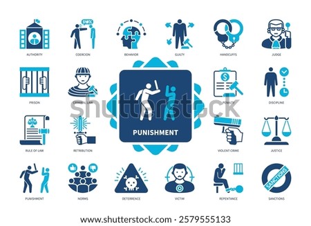 Punishment icon set. Coercion, Retribution, Guilty, Repentance, Norms, Penalty, Victim, Judge. Duotone color solid icons