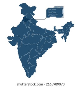 Punjab resaltado en el mapa indio con un cuadro de diálogo holográfico que representa información sobre la imagen vectorial punjab.
