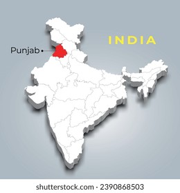 Punjab map location in Indian 3d isometric map. Punjab map vector illustration