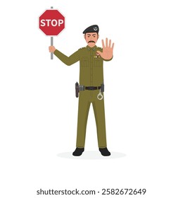 Punjab Police officer using a hand sign to stop and holding a stop sign board  vector illustation