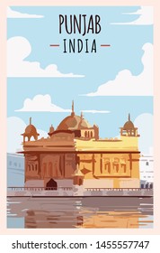 Punjab retro poster. Harmandir-Sahib Punjab travel illustration. States of India greeting card. 