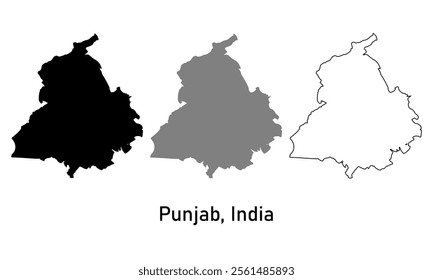 Punjab State, India map in outline style, black color, gray color	