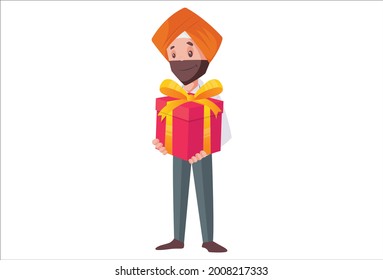 Punjabi banker is holding a gift box in hand. Vector graphic illustration. Individually on a white background.