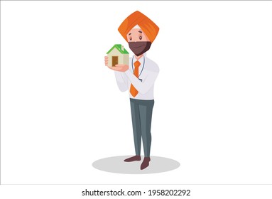 Punjabi banker is with a smiling and holding home in hand. Vector graphic illustration. Individually on a white background.