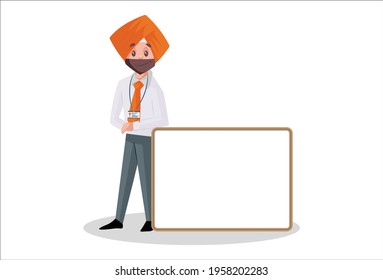 Punjabi banker is standing with a white board. Vector graphic illustration. Individually on a white background.