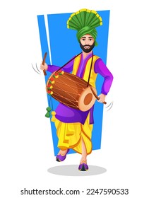 A Punjabi Bhangra dancer with dhol in national cloth performing a folk dance step with hand gestures. vector illustration isolated on white. Playing lohri dance. Illustrations of excited happy Man.