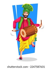 A Punjabi Bhangra dancer in national cloth performing a folk dance step with hand gestures. vector illustration isolated on white. Playing lohri dance. Illustrations of excited happy Man with dhol.