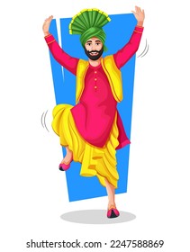 A Punjabi Bhangra dancer in national cloth performing a folk dance step with hand gestures. vector illustration isolated on white. Doing lohri dance. Illustrations of excited happy Man in traditional.