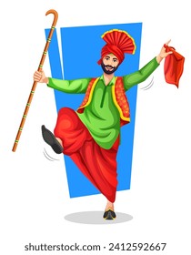 A Punjabi Bhangra dancer with bhangra props khunda or daang performing a folk dance step with hand gestures. Vector illustration isolated on white. Playing Lohri or Baisakhi dance