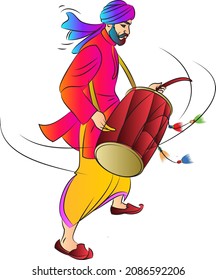 Punjabi bhangra drummer in harvest festival Lohari, vector illustration