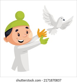Punjabi boy is flying pigeon. Vector graphic illustration. Individually on a white background.	