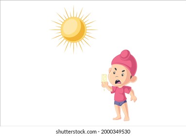 Punjabi boy ice cream is melting in the sun. Vector graphic illustration. Individually on a white background.