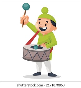 Punjabi boy is playing drum. Vector graphic illustration. Individually on a white background.