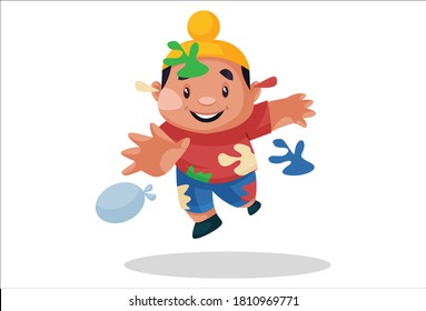 Punjabi boy is playing Holi with watercolors balloons. Vector graphic illustration. Individually on a white background.