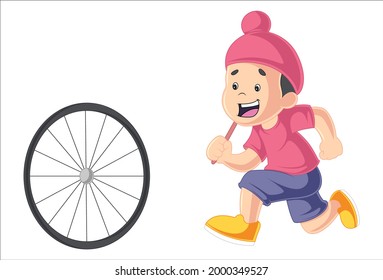 Punjabi boy is playing with the wheel. Vector graphic illustration. Individually on a white background.
