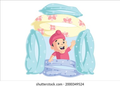 Punjabi boy is sitting in the small pillow's house. Vector graphic illustration. Individually on a white background.
