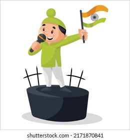 Punjabi boy standing on stage holding flag and mike in hand. Vector graphic illustration.  Individually on a white background.	