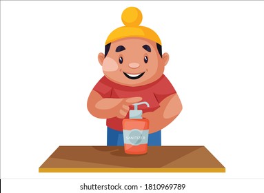 Ilustración gráfica vectorial. Un chico punjabí está usando un sanitizer. Individualmente sobre un fondo blanco.