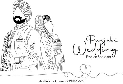 punjabi bride and groom wearing traditional punjabi wedding dress, f punjabi wedding couple in traditional costume of punjab vector illustration, pujabi wedding showroom banner