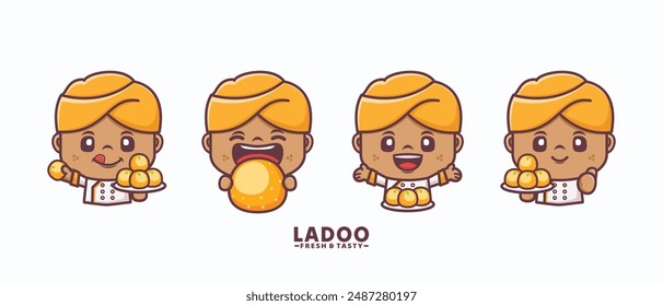 Punjabi cartoon mascot with traditional Indian food ladoo, cartoon illustrations with different poses and expressions