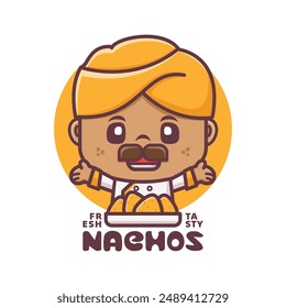 Punjabi chef cartoon mascot with nachos, cartoon illustrations for culinary businesses, brand logos, stickers, cartoon identities, stickers, icons, etc.