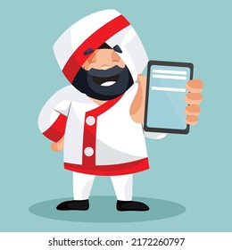 Punjabi chef showing a mobile. Vector graphic illustration. Individually on colored  background. 